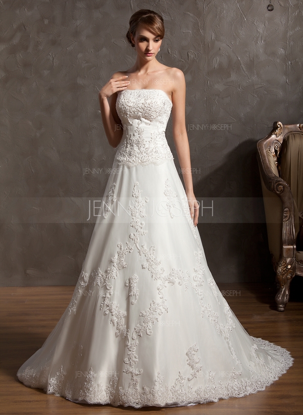 A-Line/Princess Strapless Chapel Train Satin Tulle Wedding Dress With Lace Beading