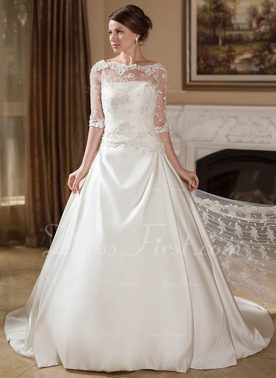 A-Line/Princess Strapless Court Train Satin Wedding Dress