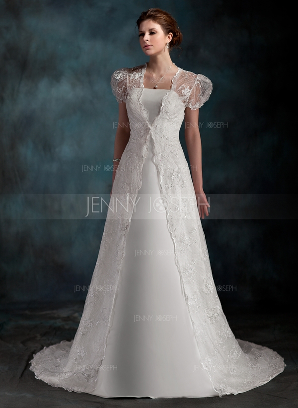 A-Line/Princess Strapless Court Train Satin Wedding Dress