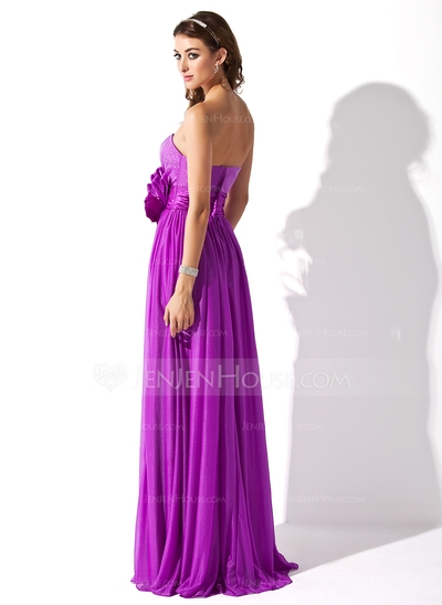 A-Line/Princess Strapless Floor-Length Chiffon Charmeuse Prom Dress With Ruffle Beading Flower(s)  - Image 2