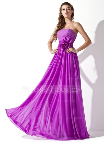 A-Line/Princess Strapless Floor-Length Chiffon Charmeuse Prom Dress With Ruffle Beading Flower(s)