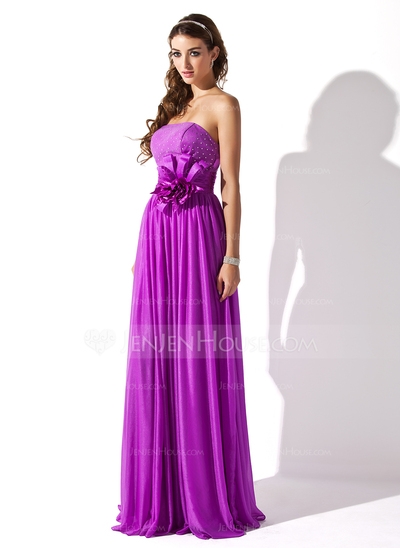 A-Line/Princess Strapless Floor-Length Chiffon Charmeuse Prom Dress With Ruffle Beading Flower(s) - Image 2