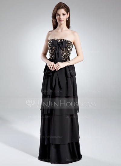 A-Line/Princess Strapless Floor-Length Chiffon Prom Dress