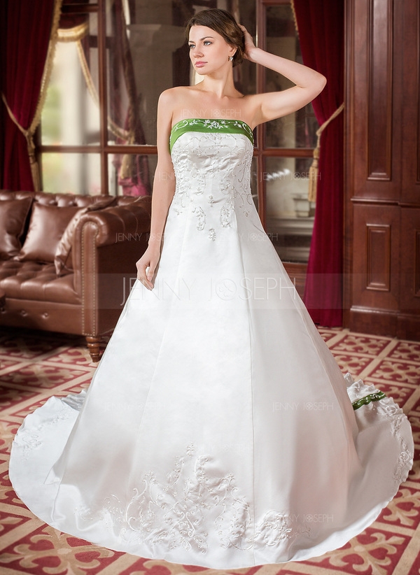 A-Line/Princess Strapless Royal Train Satin Wedding Dress - Image 2