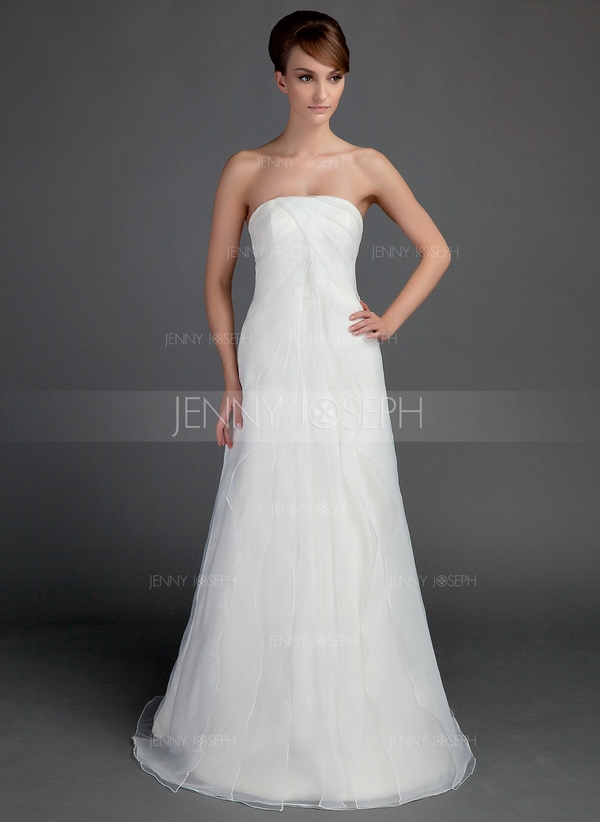 A-Line/Princess Strapless Sweep Train Organza Satin Wedding Dress - Image 2