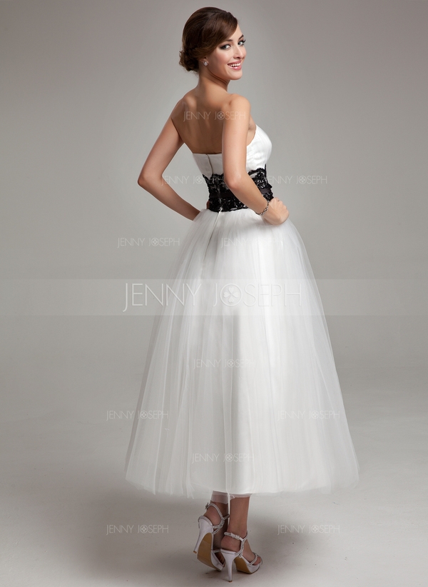 A-Line/Princess Strapless Tea-Length Satin Tulle Wedding Dress With Lace Sash Beading Bow(s)  - Image 2