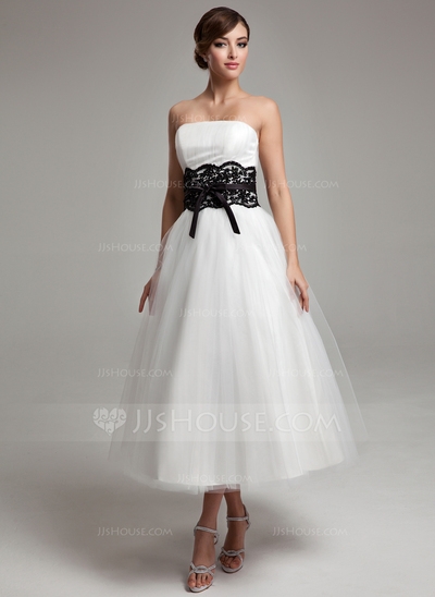 A-Line/Princess Strapless Tea-Length Satin Tulle Wedding Dress With Lace Sash Beading Bow(s) 