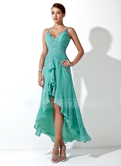 A-Line/Princess Sweetheart Asymmetrical Chiffon Prom Dress With Ruffle Beading Appliques Sequins  - Image 3
