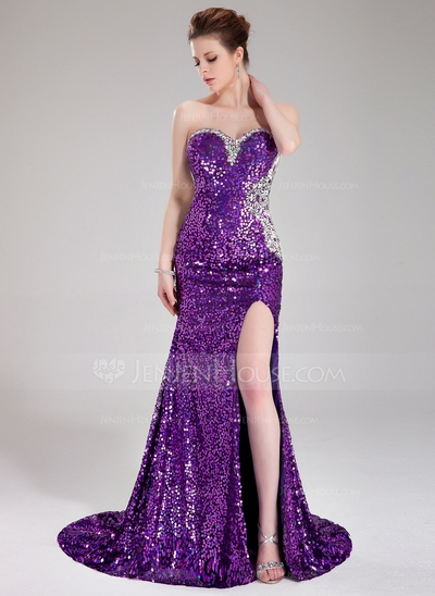 A-Line/Princess Sweetheart Court Train Sequined Prom Dress With Beading #018024364