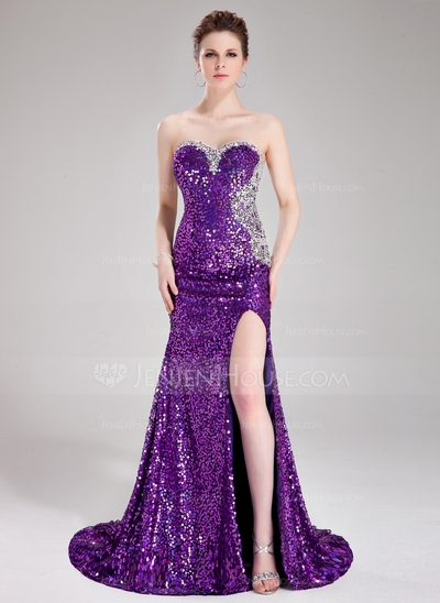 A-Line/Princess Sweetheart Court Train Sequined Prom Dress With Beading #018024364 - Image 2