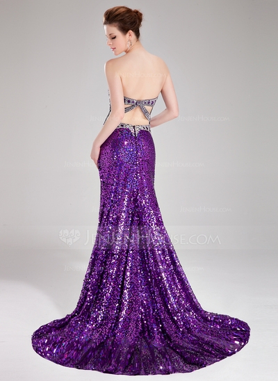 A-Line/Princess Sweetheart Court Train Sequined Prom Dress With Beading #018024364 - Image 3