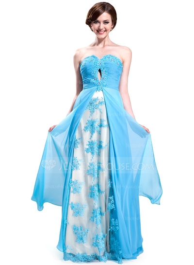 A-Line/Princess Sweetheart Floor-Length Chiffon Charmeuse Lace Prom Dress With Ruffle Beading #01801