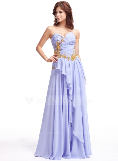A-Line/Princess Sweetheart Floor-Length Chiffon Prom Dress With Ruffle Beading Sequins
