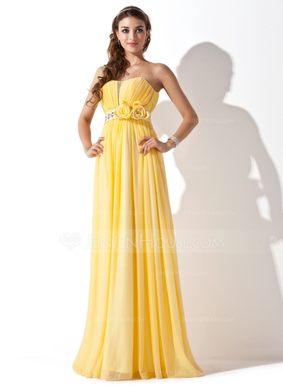 A-Line/Princess Sweetheart Floor-Length Chiffon Satin Prom Dress With Ruffle Beading Flower(s)