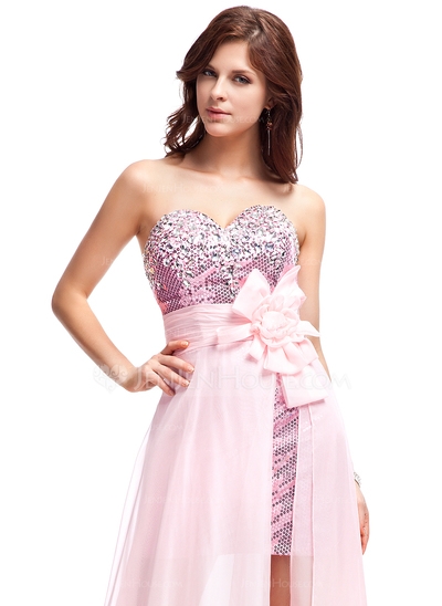 A-Line/Princess Sweetheart Floor-Length Chiffon Sequined Prom Dress With Beading Flower(s) - Image 3