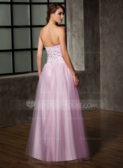 A-Line/Princess Sweetheart Floor-Length Satin Tulle Prom Dress With Lace - Image 3