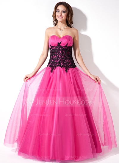 A-Line/Princess Sweetheart Floor-Length Tulle Prom Dress With Ruffle Lace
