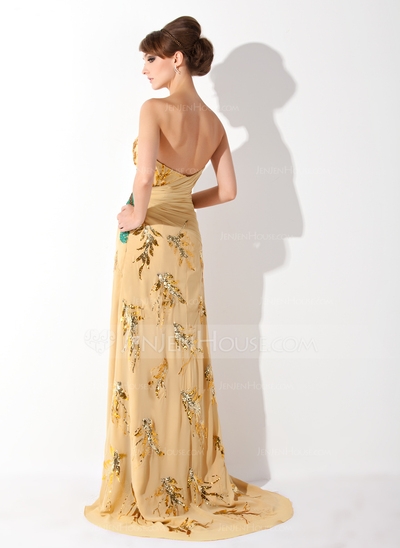 A-Line/Princess Sweetheart Sweep Train Chiffon Prom Dress With Ruffle Beading Appliques  - Image 2
