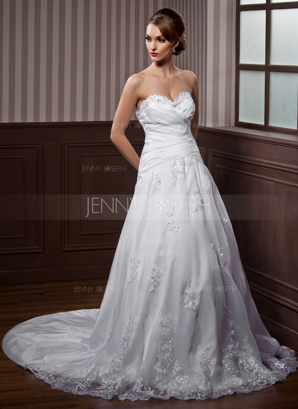 A-Line/Princess Sweetheart Watteau Train Taffeta Organza Wedding Dress With Ruffle Lace Beading Bow(