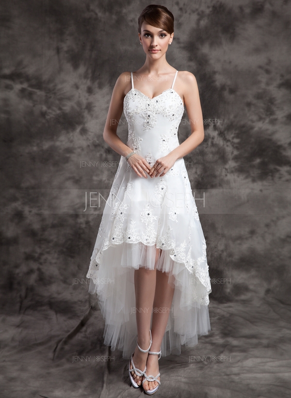 A-Line/Princess V-neck Asymmetrical Organza Tulle Wedding Dress
