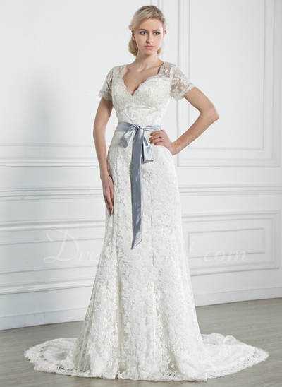 A-Line/Princess V-neck Chapel Train Satin Lace Wedding Dress