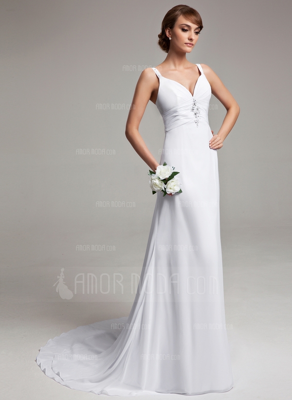 A-Line/Princess V-neck Court Train Chiffon Wedding Dress 