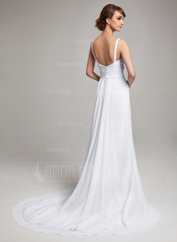 A-Line/Princess V-neck Court Train Chiffon Wedding Dress  - Image 2