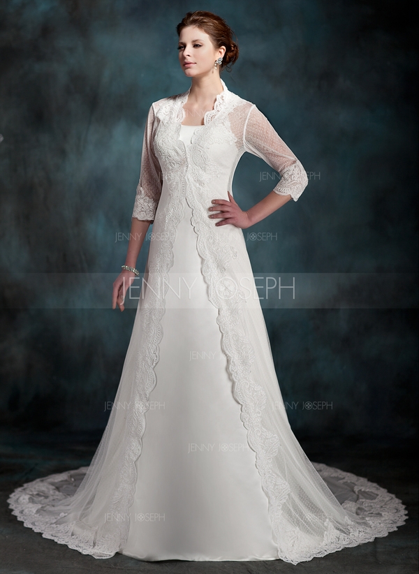 A-Line/Princess V-neck Court Train Chiffon Wedding Dress