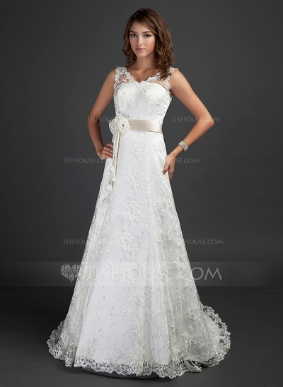 A-Line/Princess V-neck Court Train Satin Lace Wedding Dress 