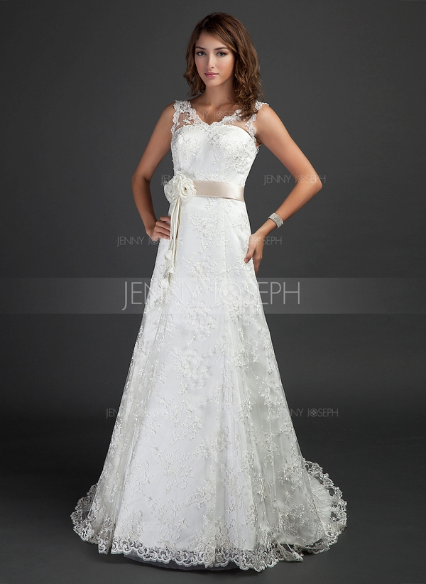 A-Line/Princess V-neck Court Train Satin Lace Wedding Dress With Sash Beading Flower(s) 