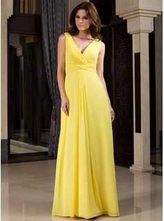 A-Line/Princess V-neck Floor-Length Chiffon Bridesmaid Dress With Ruffle 