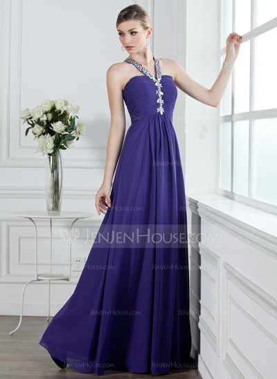 A-Line/Princess V-neck Floor-Length Chiffon Prom Dress With Ruffle Beading
