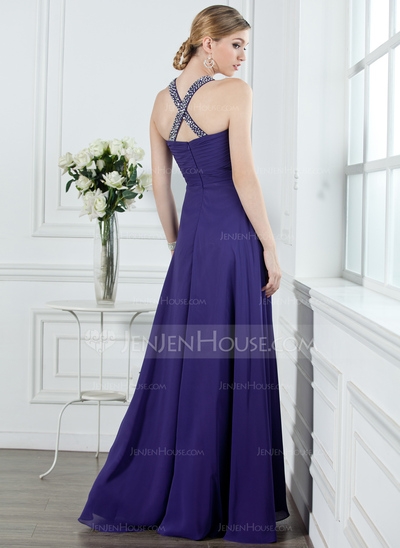 A-Line/Princess V-neck Floor-Length Chiffon Prom Dress With Ruffle Beading - Image 2