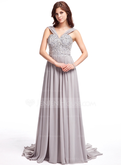 A-Line/Princess V-neck Sweep Train Chiffon Prom Dress With Ruffle Lace Beading Sequins