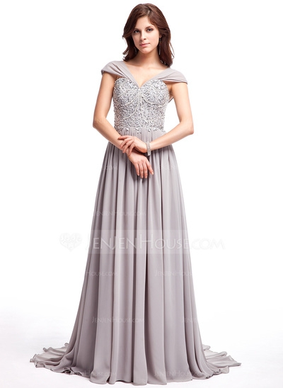 A-Line/Princess V-neck Sweep Train Chiffon Prom Dress With Ruffle Lace Beading Sequins #018025308