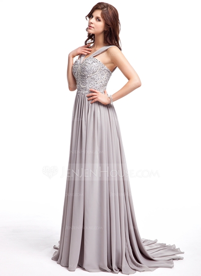 A-Line/Princess V-neck Sweep Train Chiffon Prom Dress With Ruffle Lace Beading Sequins #018025308 - Image 2