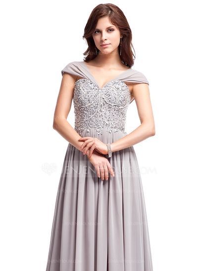 A-Line/Princess V-neck Sweep Train Chiffon Prom Dress With Ruffle Lace Beading Sequins #018025308 - Image 3