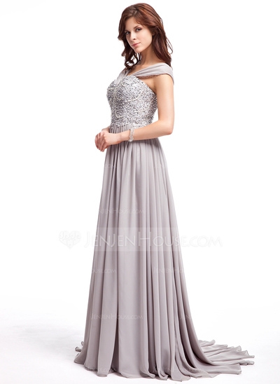 A-Line/Princess V-neck Sweep Train Chiffon Prom Dress With Ruffle Lace Beading Sequins #018025308 - Image 2