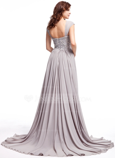 A-Line/Princess V-neck Sweep Train Chiffon Prom Dress With Ruffle Lace Beading Sequins #018025308 - Image 3