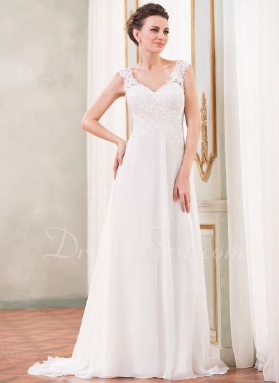 A-Line/Princess V-neck Sweep Train Chiffon Wedding Dress