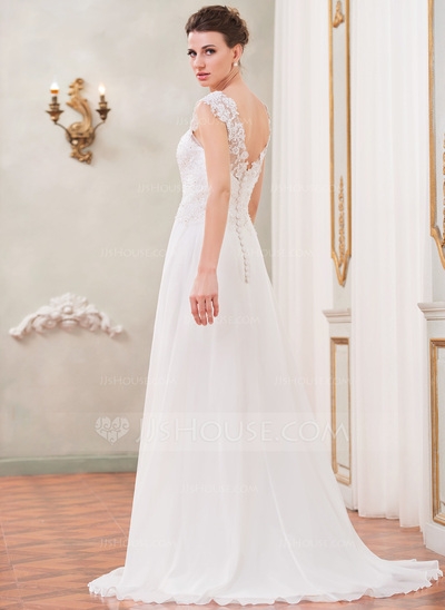 A-Line/Princess V-neck Sweep Train Chiffon Wedding Dress