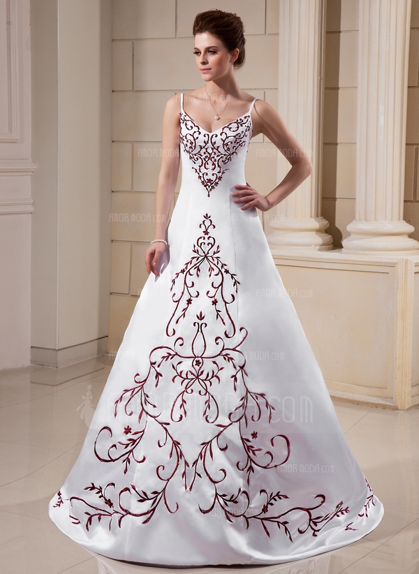 A-Line/Princess V-neck Sweep Train Satin Wedding Dress