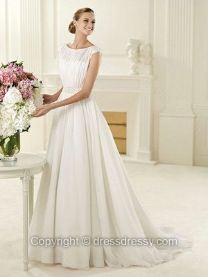 A-line Scoop Chiffon Sweep Train Beading Wedding Dresses