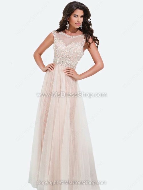 A-line Scoop Tulle Lace Floor-length Beading Formal Dresses