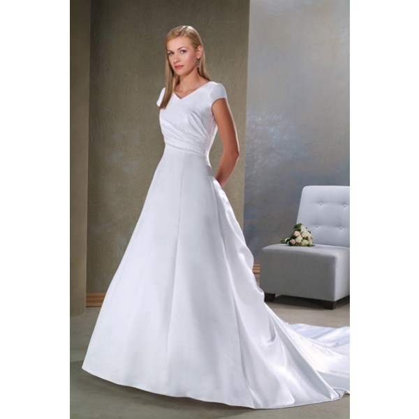 A-line/Sheath V-neck Short Sleeves Beading/Ruching Empire Cathedral train train Satin Wedding Dresse