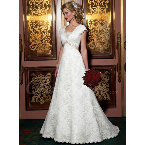 A-line Short Cap-Sleeves Court Train Lace Over Satin Wedding Dress