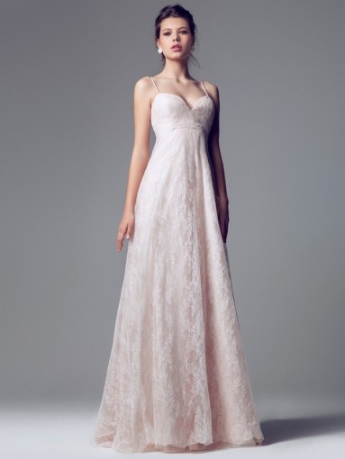 A Line Spaghetti Strap Floor Length Pink Lace Wedding Dress B14B2A007
