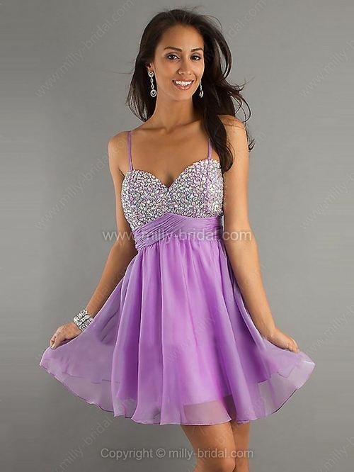 A-line Spaghetti Straps Chiffon Short/Mini Rhinestone Prom Dresses