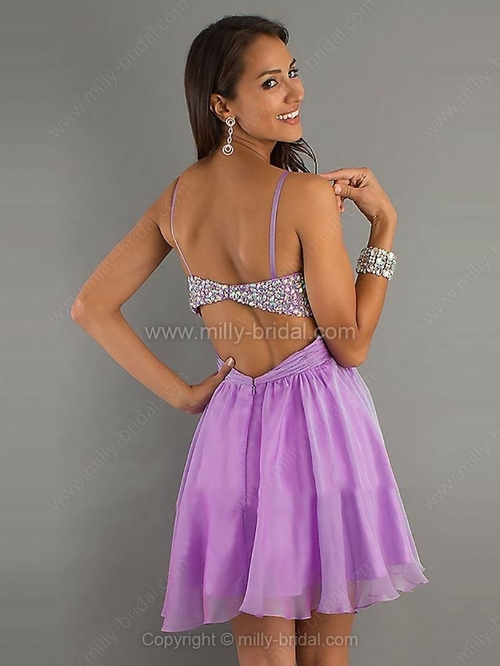 A-line Spaghetti Straps Chiffon Short/Mini Rhinestone Prom Dresses - Image 2