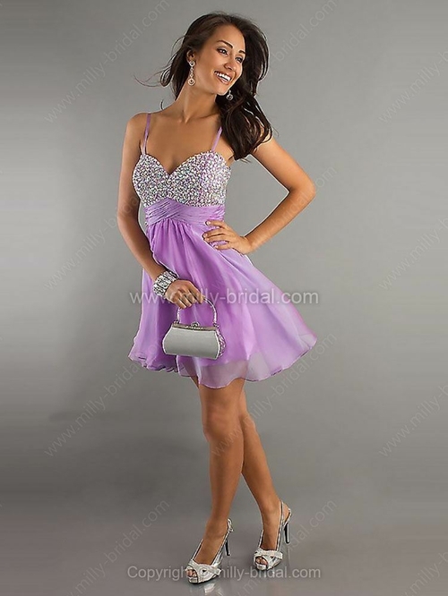 A-line Spaghetti Straps Chiffon Short/Mini Rhinestone Prom Dresses - Image 3